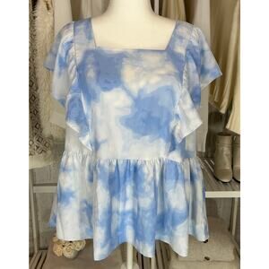 Du Jour Women's Size XL White & Blue Cloud Print Ruffle Babydoll Blouse #0483
